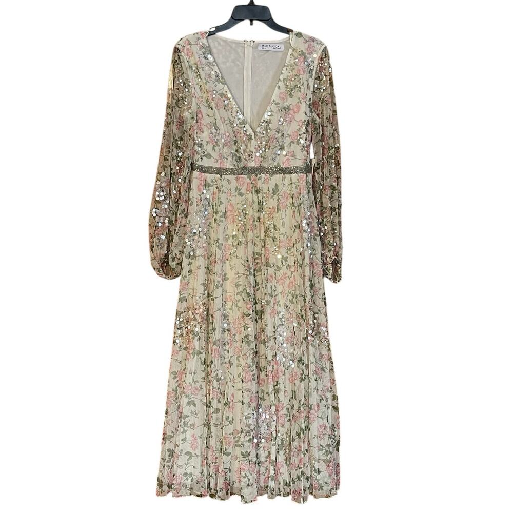 Mac Duggal NWT Sz 8 93788 Embellished Floral Print Faux Wrap A Line Midi Dress - Picture 3 of 8